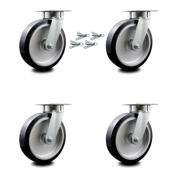 8 Inch Kingpinless Rubber on Aluminum Wheel Swivel Caster Set with Swivel Locks